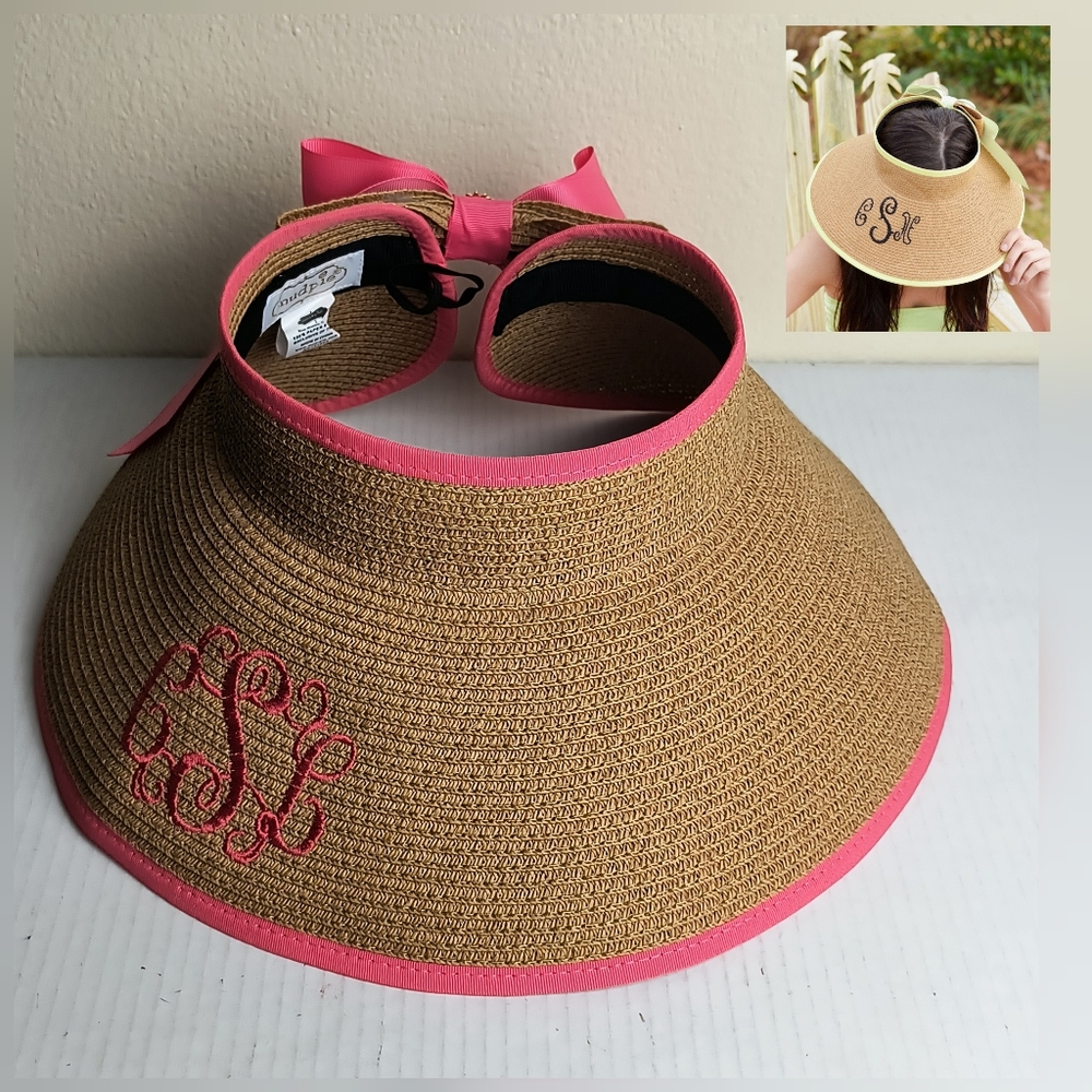 Mud Pie Sun Hat Paper Straw Visor with Pink Bow Accents Pineapple Charm Packable